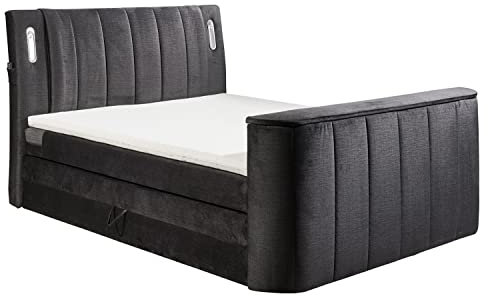 Home4You Boxspringbett - Schwarz - Mikrofaser - 180 x 200 cm - elektrisch ausfahrbare TV-Halterung
