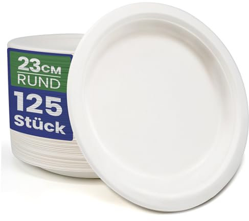 GreFusion 9 Inch Strong Paper Plates [125 Pack] Heavy Duty Disposable Plates Sugarcane Eco-Friendly White Party Plates