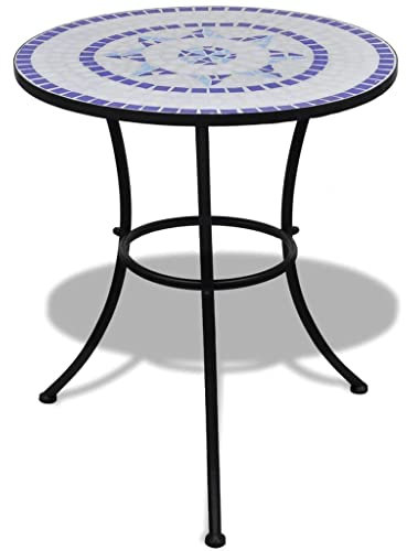 Coavain Bistrotisch Runder Mosaiktisch Metalltisch Kaffeetisch Gartentisch Klein Balkontisch wetterfes pflegeleicht für Balkon Garten Terrasse Wohnzimmer Blau 60x70 cm Höhe