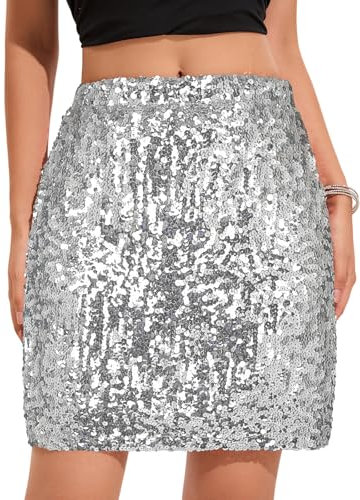 zffriction Paillettenrock für Damen Glitzer Rock Elastische Taille A-Linie Hüftrock Kurzer Rock Damen Minirock Sexy Party Rave Outfit (DE/NL/SE/PL, Alphanumerisch, M, Regular, Regular, Silber)