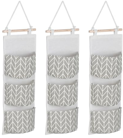 Relaxdays Hängande förvaring, 3 fack, bomull, H x B): 74 x 20 cm, väggorganiserare badrum, hall, kontor, hängande förvaring, grå