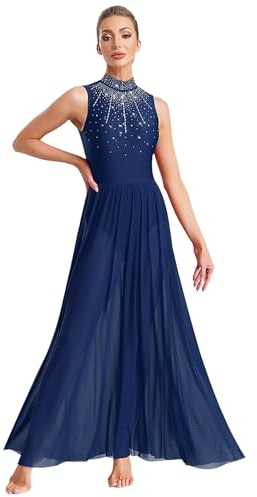 inlzdz Femme Robe Longue Danse Ballet sans Manche Robe Danse Lyrique Tango Valse Strass Patinage Cérémonie Cocktail Soirée S-XL Bleu Marine S