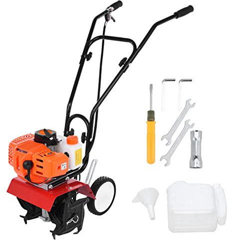 Calager 52cc Petrol Garden Tiller, 2 Stroke 9000RPM Gas Soil Tiller, 1.2L Fuel Tank 6-inch Working Depth 7.9-inch Tilling Width Digging, Garden Small Rotavator Soil Turner Tool Orange