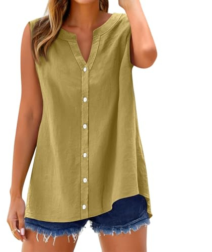 shownicer Chemise Femme Coton et Lin Chemisier élégant à col en V pour Femmes sans Manche Chemisier Couleur Uni Tee Shirt été Haut Top Respirant Grande Taille Lin Blouse A Jaune XL