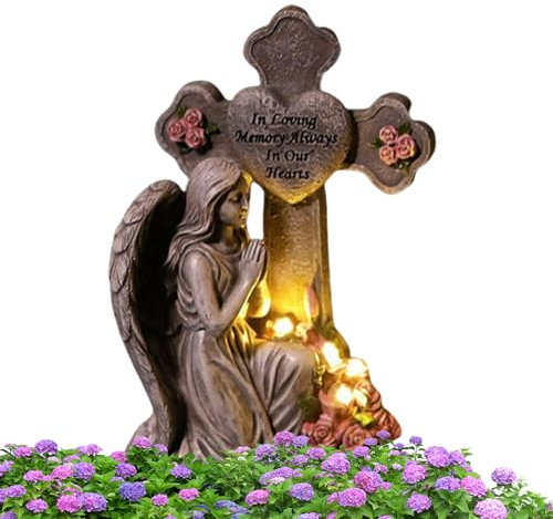 Uonguon Statue d'ange d'extérieur à énergie solaire, 20 x 11,7 x 10,4 cm, figurines d'ange de jardin avec éclairage LED, décorations funéraires robustes pour cour, terrasse et pelouse