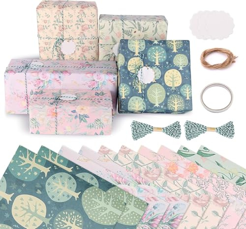 Luxoraiova Juego de 10 hojas de papel de regalo, papel de regalo de boda, papel de regalo vintage, flores con cuerda de cáñamo y colgante de papel de estraza para hombres, mujeres, niñas y niños