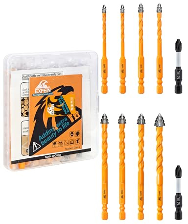 Serrated Masonry & Tile Drill Bits 5 * 2/6 * 2/8 * 2/10/12mm, EXFEIN Drill Bits Set - 8-Piece Carbide Drill Bits and 2-Piece Magnetic Screwdriver Bits for Porcelain Tile Concrete Brick Wood Plastic