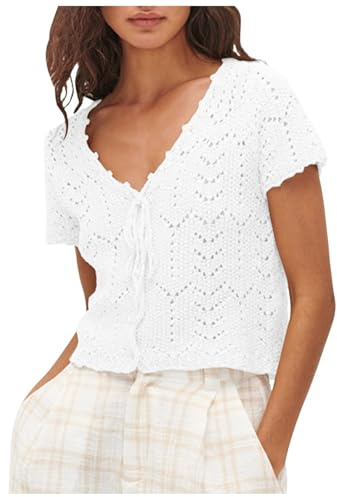 Generisch Clip Vêtements Femmes Crochet Cardigan Été Col en V Avant Ouvert Manches Courtes Tricot Dentelle Décontracté Boho Top Hamburg Sweat-shirt, Blanc., S