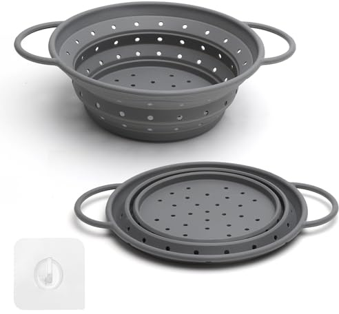Scolapasta silicone pieghevole 22 cm grigio,per Pasta, Verdura e Lavaggio, Cestino Drenante Collapsible, Setacci da Cucina per Pasta, Frutta, Verdura,Grigio