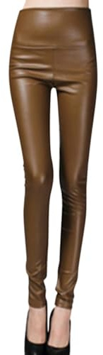 Generisk leggings i konstläder läderbyxor hög midja PU läder leggings byxor tights treggins leggings konstläder leggings termisk fleece konstläder vinter läderleggings dam matt, BRUN, 3XL