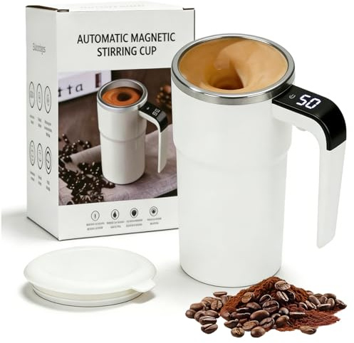 Tazza da caffè auto-commovente, 380 ml, automatica, in acciaio inox 304, con indicatore di temperatura, tazza magnetica per caffè, latte, cacao, proteine (bianco)