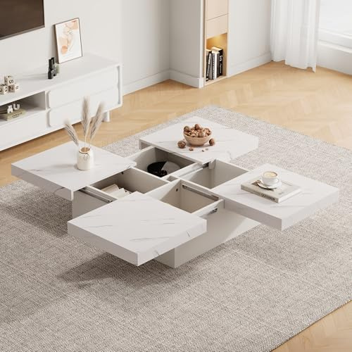 JCFEIDQW Tavolino quadrato in marmo, tavolino da caffè, tavolino da caffè con quattro cassetti, tavolo scorrevole, portata fino a 30 kg, 90 x 90 x 25 cm (bianco)