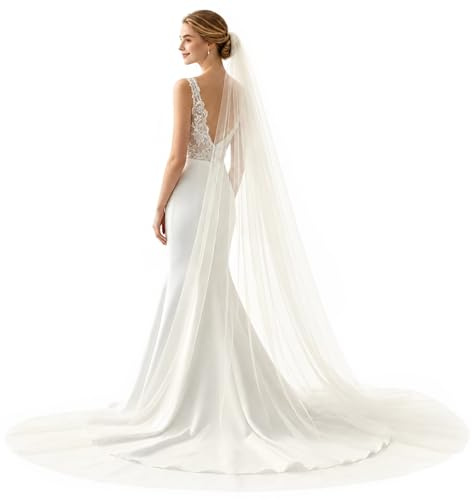 300CM Double Couche Voile Mariée Long, Voile de Mariée Cathédrale, Voiles Mariage Élégant avec Peigne, Long Voiles de Mariées Simple, pour Cérémonie de Mariage Classique (Blanc Ivoire)