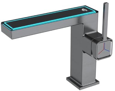 Badrumskran, ettgreppsblandare för tvättställ med ett hål och LED-temperaturdisplay, däckmonterad tvättställskran (Gun Gray A)