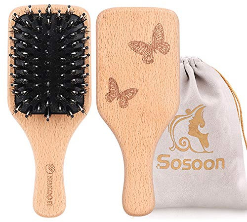 Hair Brush, Sosoon Portable Small Boar Bristle Paddle Hairbrush for Long Thick Curly Wavy Dry or Damaged Hair, Reducing Hair Breakage and Frizzy No More Tangle, 1 Pack