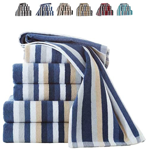 TheWhiteWater – 6-Piece 100% Natural Cotton Towel Bale Set – Blue Striped Hand Towels, Bath Towels & Bath Sheets – Super Soft 550 GSM Quick Dry Towels for Bathroom, Beach, or Gym Use (6, Blue)