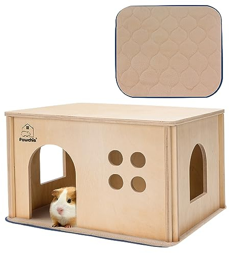 PAWCHIE Guinea Pig House Hide - Wooden Hideout for Chinchilla Small Animals, Habitat with Windows Guinea Pig Hamster Rat Living, Rectangular Hut with Pee Pad