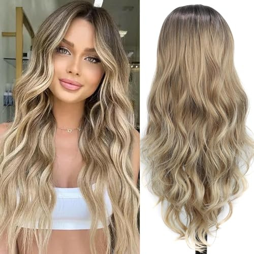 PORSMEER Perücken Lange Braun Blonde Natürliche Synthetische Haar,Locken Wavy Perücken Ombre wig Für Frauen Alltag Anime Cosplay Kostümparty Halloween Karneval