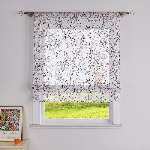 CORLIF Raffrollo mit Tunnelzug Zweige Muster Raffgardinen mit Heißprägemuster Rollos Gardinen Landhaus Küche Transparente Bändchenrollo Modern für Fenster BxH 60x140 cm 1 Stück,Braun