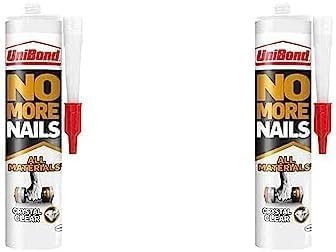 UniBond 2492492 No More Nails All Materials Crystal Clear Construction Adhesive, All Materials Grab Adhesive, High Strength Adhesive Bonding, Clear, 290 g Cartridge (Pack of 2)