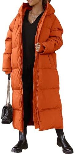 Tankaneo Lång kappa för kvinnor med dragkedja huva, långärmad duntäcke, quiltad kappa, funktionell jacka i dunlook, ytterkläder, apelsin, S