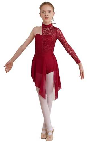 Freebily Vestito Danza Classica Ragazza con Pizzo Floreale Vestito da Pattinaggio Artistico Leotard Balletto Body Ginnastica Artistica Monospalla Costume da Ballo Latino Borgogna 13-14 Anni