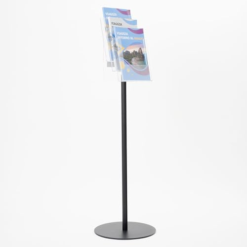 Danieli - Porta Depliant da Terra in Acrilico Trasparente A4 con 3 tasche, per Riviste e Brochure. Porta Volantini Resistente da Utilizzare come Espositore per Ufficio e Negozi. (Alluminio Nero)
