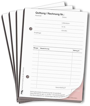 ORGASET Quittungsblock | DIN A6 | 2-fach selbstdurchschreibend | 2x50 Blatt Durchschreibeblock | weiß/rosa | 4 Stk.