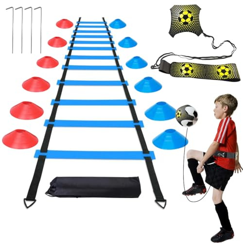 Occzin Koordinationsleiter 6m, Fußball Trainingsset mit Kick Trainer 12 Hütchen 4 Erdnägel, Agility Leiter Trainingsleiter Fussball Trainingszubehör für Kinder Fussball Training Koordinationstraining