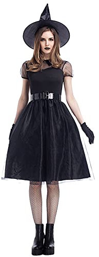 Hexenkostüm Damen Knielang, Halloween Kostüm Damen, Hexenrock Mit Hexenhut Gürtel Faschingskostüme, Karneval Kostüm Hexen Kleid Erwachsene Frauen Vintage Mittelalter Gothic Cosplay Zubehör