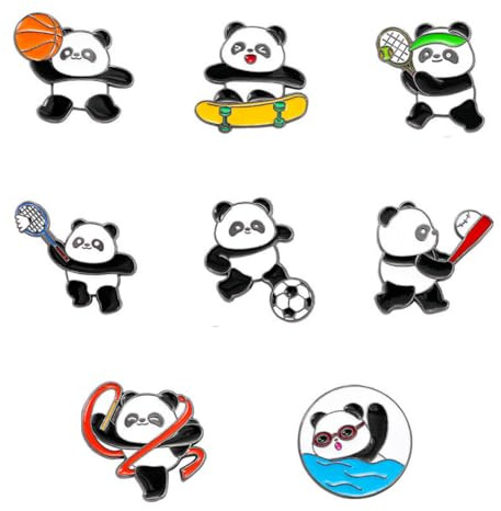 Set di 8 spille a forma di panda, smaltate, per fare sport, per giocare a calcio, basket, nuoto, panda per ragazze e ragazzi, accessori per sciarpe, zaini, Metallo