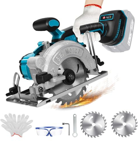 Sierra circular con batería compatible con batería de litio Makita de 18 V, sin escobillas, minisierra circular de mano con 2 hojas (125 mm), con corte diagonal, 6200 rpm, ideal para cortar madera