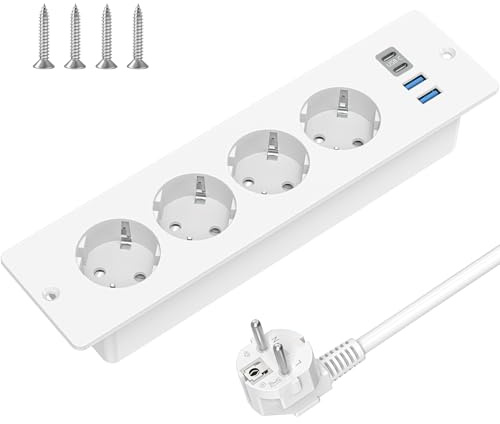 SUDEERY Toma de corriente empotrada con 2 puertos USB C y 2 puertos USB-A, para galvanizado en mesa, toma de corriente empotrada de 4 enchufes, regleta con cable de 2 m, toma de corriente múltiple