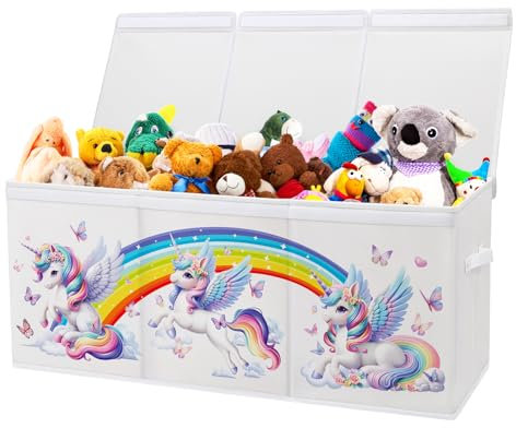 Scatola di Giocattoli Extra Large con Coperchio Ribalta per Bambini, Contenitore Porta Giochi Pieghevole Oxford, Baule Portagiochi Impermeabile Robusto per Ragazze Ragazzi, 96×32×40cm(Unicorno Bianco)