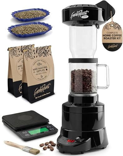 Fresh Roast Coffee Roaster Bundle SR800, Glass Extension Tube, Pour Over DIgital Scale, (2lbs) Sample Pack of Green Beans, (2-Pack) Sample Trays, Chaff Brush