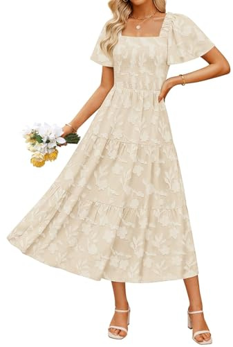 ZESICA Women‘s Summer Boho Floral Midi Dress 2026 Casual Short Sleeve Square Neck Flowy Beach Vacation Long Dress,Apricot,Large