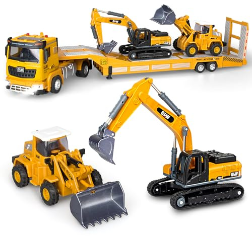 Yalujumb Toddler Boys Toys for 3-5 Years Old, Construction Toy Set w/Semi Truck, Excavator, Bulldozer, Alloy Engineering Construction Vehicles Truck Toys for Boys Age 4-7