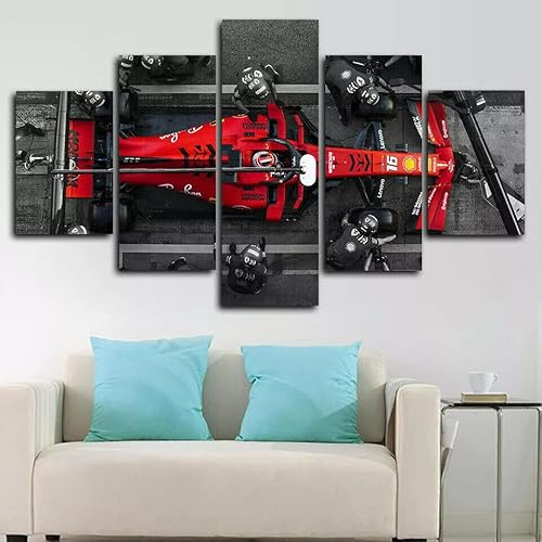 UCVJXDEM Cuadros Decoracion Salon Modernos 5 Piezas Lienzo Grandes Murales Pared Hogar Pasillo Decor Arte Pared Cuadro Formula Uno Car Racing Stop HD Posters Para Pared Innovador Regalo 200×100 CM