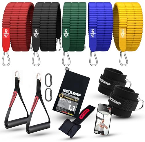 NEOLYMP Premium Resistance Bands Set mit E-Book - Fitnessbänder Expander Set mit 5 Stärken, Türanker, Griffen & Fußschlaufen - Widerstandsbänder Gymnastikband für Ganzkörper-Workout
