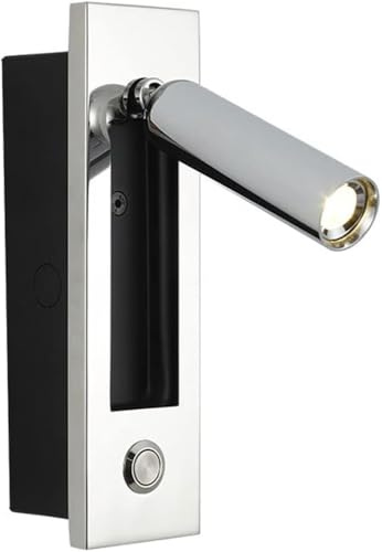 Lámpara de lectura de pared empotrada, lámpara de noche empotrada, interruptor de cable, foco ajustable a 350° + 90°, iluminación decorativa para dormitorio, hotel (cromo - 4000K)