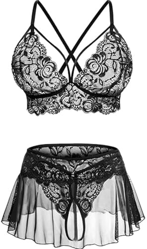 JFAN Conjunto Lencería para Mujer 3 Piezas Transparente Cuello en V de Encaje Mini Babydoll Floral Conjunto de Push Up Sujetador y Tanga，Negro Talla única