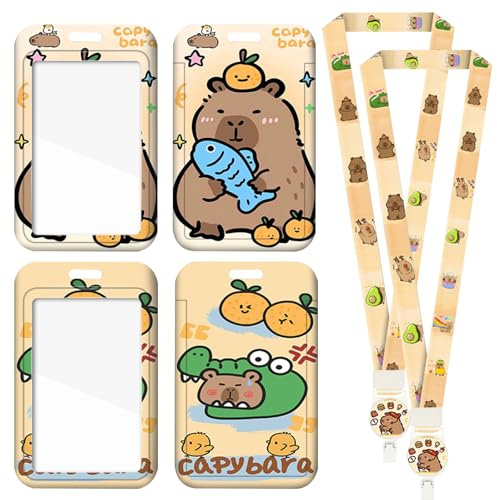 FOSDICK 2Pcs Capibara Porta Tarjetas Identificativas Lindo Lanyard con Tarjetero Colgante Cordón Retráctil Portatarjetas Colgante Plástico Capibara Porta Tarjeta para Enfermeras Estudiantes Profesores