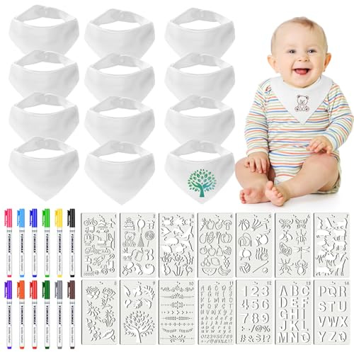 Vicloon 12PCS Bavoirs Bébé Bandana de Peinture, Bavoir pour Bébé Blanc à Peindre à Personnaliser, avec 12 Marqueurs Textile et 14 Pochoirs, Idée pour Activités pour Babyshower Party DIY