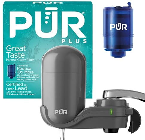 PUR Plus Vertical Faucet-Mount Water Filtration System, Lead-Reducing Filter, Easy Installation, 100-Gallon Capacity, Compatible with External Aerators, Grey