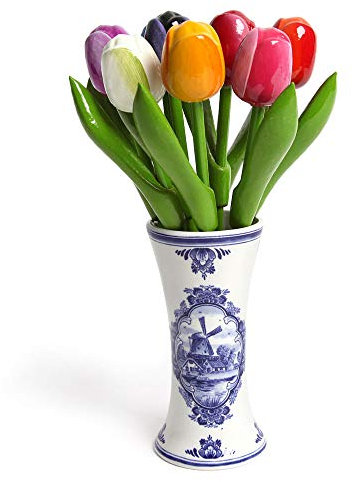 Hochwertiger Bouquet de tulipes en bois dans un vase hollandais, 9 tulipes en bois, 21 cm de haut, avec vase, peint à la main, décoration, cadeau pour femme, fabriqué en Hollande