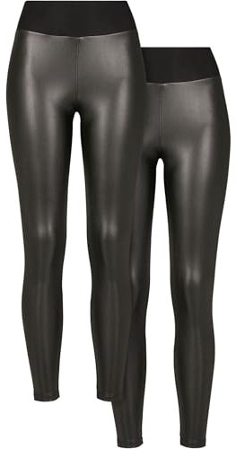Urban Classics Damen Leggings Ladies Faux Leather High Waist Leggings 2-Pack Black+Black M