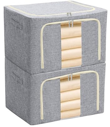 BOMEI PACK 2 Packs Clothes Storage Box Closet Wardrobe,Dormitory Underbed Foldable Grey Organizer Sturdy Boxes durable with Metal Frame,Two Zippers,Reinforced Handles,Clear Front Window