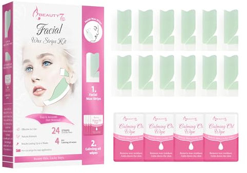 Beauty7 Wax Strips Facial 24pcs Wax Strip With 4pcs Soothing Oil Wipe 3 Seconds Quick Hair Removal Cold Wax Strips for Silky Skins