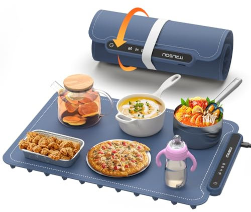 iTRUSOU Chauffe Plat Électrique, Plateau Chauffant Électrique Température Ajustable, Portable Pliable Chauffe-Assiette Alimentaire en Nano-Silicone pour Fêtes, Buffets, Réunions de Famille