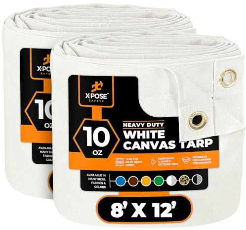 Xpose Safety Canvas Tarp - 10oz White Canvas Tarps Heavy Duty Water Resistant with Brass Grommets- Multipurpose Outdoor Tarpaulin for Camping, Canopy, Trailer, Equipment Cover 8' x 12' (2 Pack)